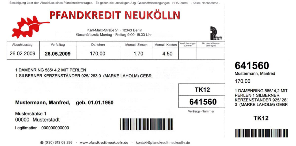 Pfandschein von Pfandkredit Neukölln